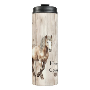 Western Cowgirl Cowboy Horse Faux Wood Thermal Tumbler