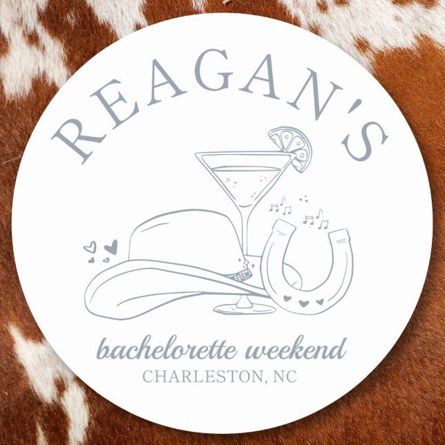 Western Cowgirl Cute Hand Drawn Bachelorette Party Classic Round Sticker (Cowgirl western bachelorette party sticker hand drawn cute custom name disco cowgirl, coastal cute)