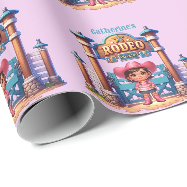 Western Cowgirl First Rodeo Birthday Custom  Wrapping Paper (Roll Corner)