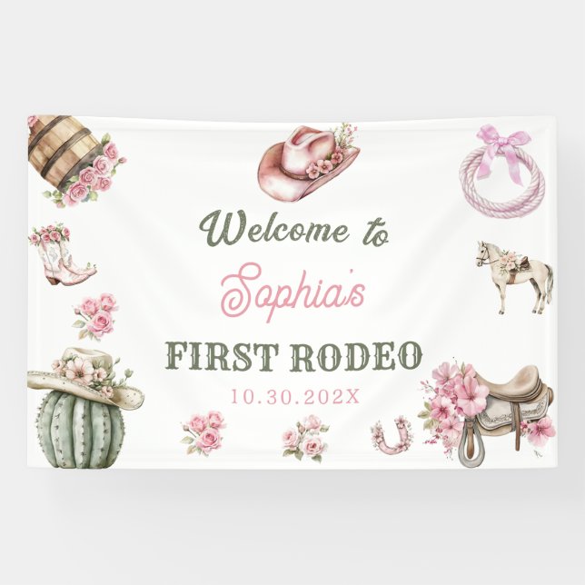Western Cowgirl First Rodeo Birthday Party Banner (Horizontal)