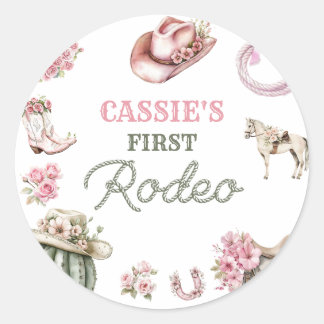 Western Cowgirl First Rodeo Birthday Party Classic Round Sticker