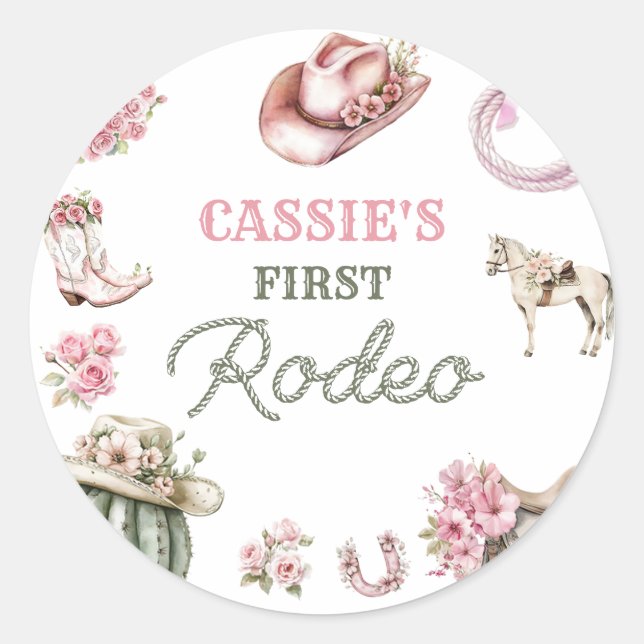Western Cowgirl First Rodeo Birthday Party Classic Round Sticker (Front)