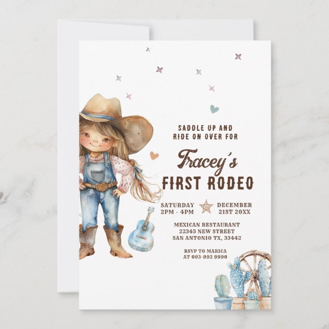Western Cowgirl First Rodeo Birthday Party Invitation (Front)