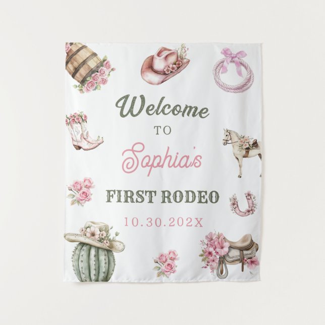 Western Cowgirl First Rodeo Birthday Party Tapestry (Front)