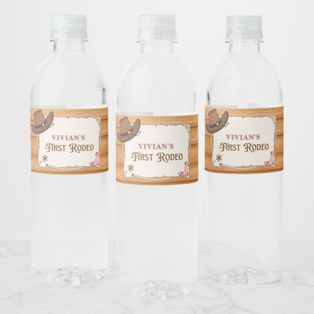 Western Cowgirl First Rodeo Birthday Water Bottle Label (Bottles)