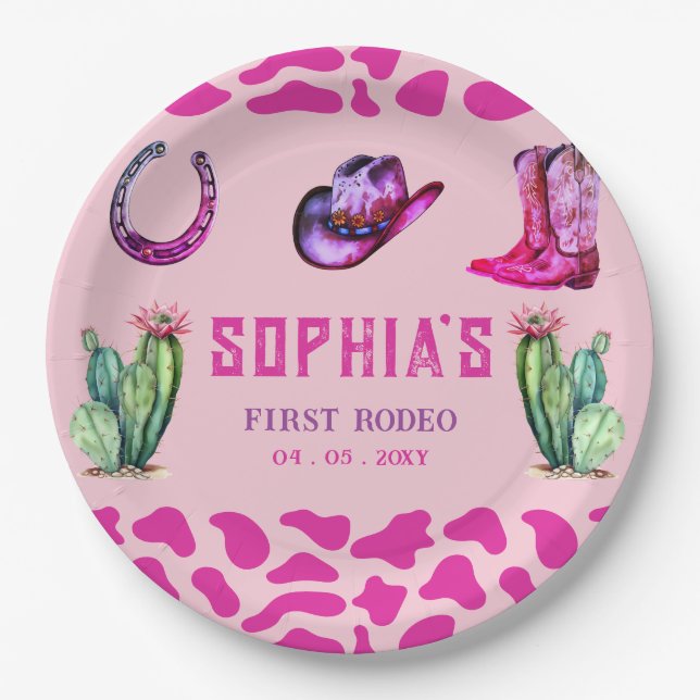 Western Cowgirl First Rodeo Pink Girls Birthday Paper Plate (Front)