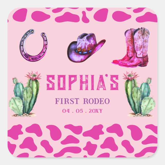 Western Cowgirl First Rodeo Pink Girls Birthday Square Sticker (Front)