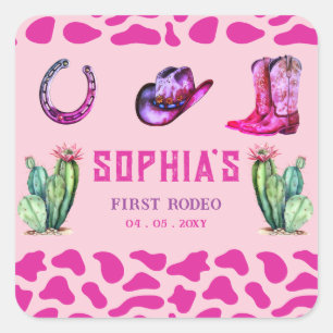 Western Cowgirl First Rodeo Pink Girls Birthday Square Sticker