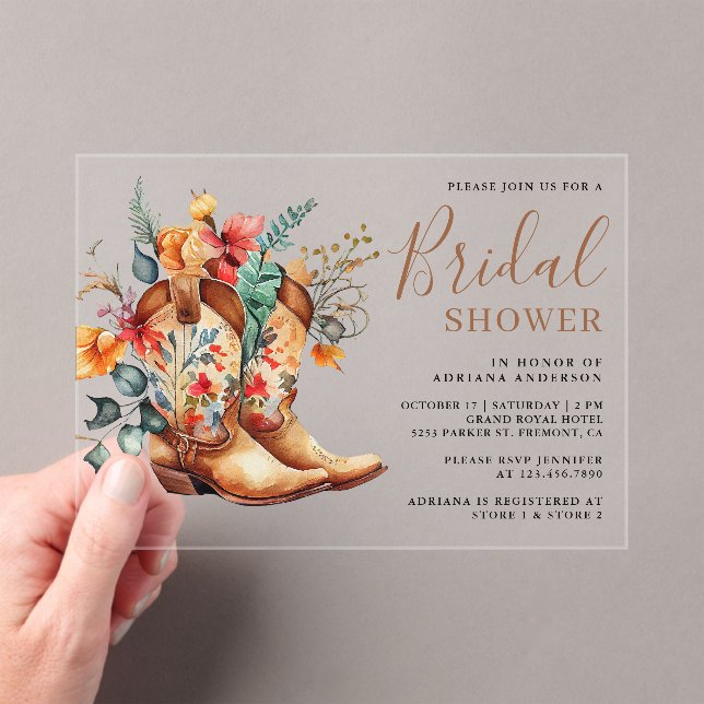 Western Cowgirl Floral Boots Bridal Shower Acrylic Invitations (Insitu (Handheld))