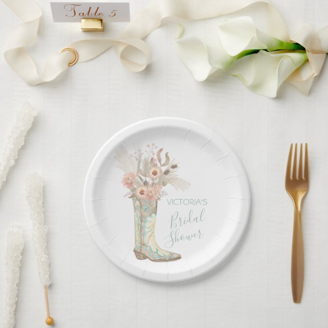 Western Cowgirl Floral Boots Shower Paper Plate (Wedding)