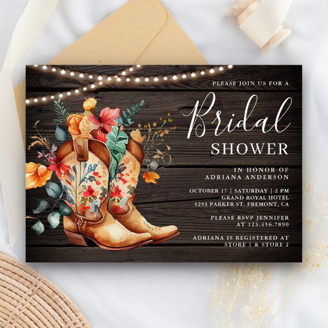 Western Cowgirl Floral Boots Wood Bridal Shower Invitation (Creator Uploaded)