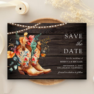 Western Cowgirl Floral Boots Wood Wedding Save The Date
