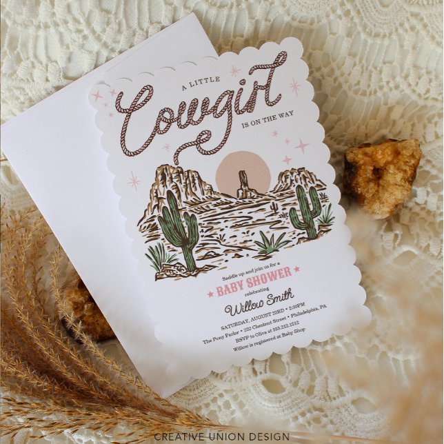 Western Cowgirl Girl Baby Shower Scalloped Edge Invitation (Creator Uploaded)