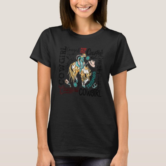 Western Cowgirl Hat Cowgirl Boots Turquoise T-Shirt (Front)