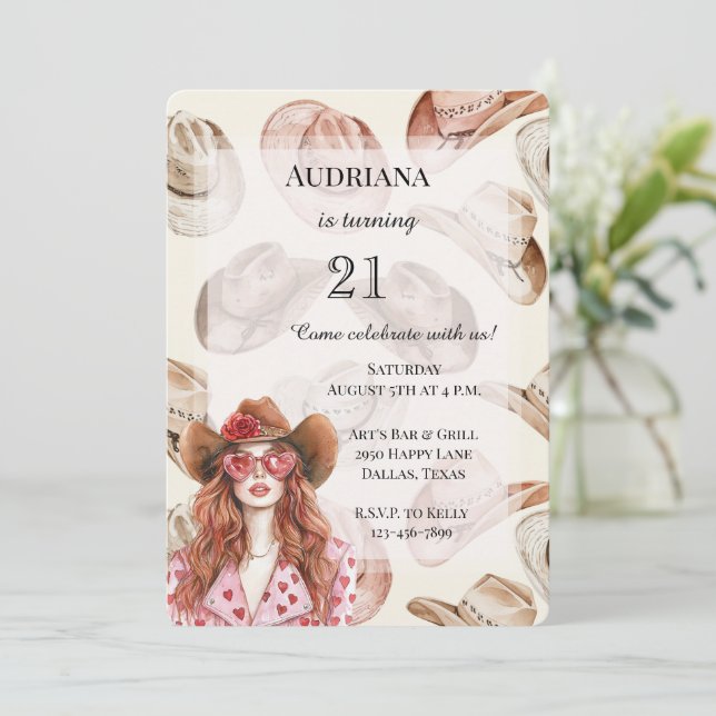 Western Cowgirl Hats Red Hair Birthday Invitation (Standing Front)