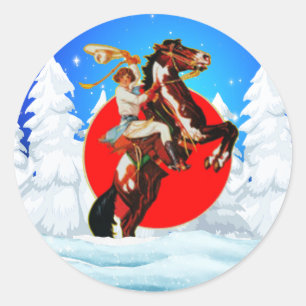 Western Cowgirl Horse Winter Scene Classic Round Sticker