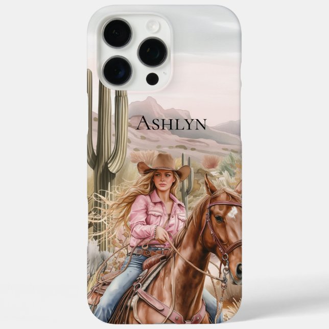 Western Cowgirl in Pink Blonde Hair on Horse Case-Mate iPhone Case (Back)