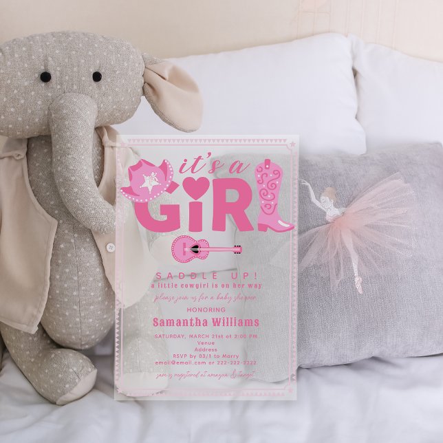 Western Cowgirl It's a Girl Pink Plaid Baby Shower Acrylic Invitations (Western Cowgirl It's a Girl Gingham Plaid Pink Cute Cowboy Boots and Hat Baby Shower Acrylic Invite)