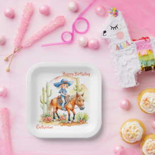 Western Cowgirl on Horse Personalised Birthday Paper Plate