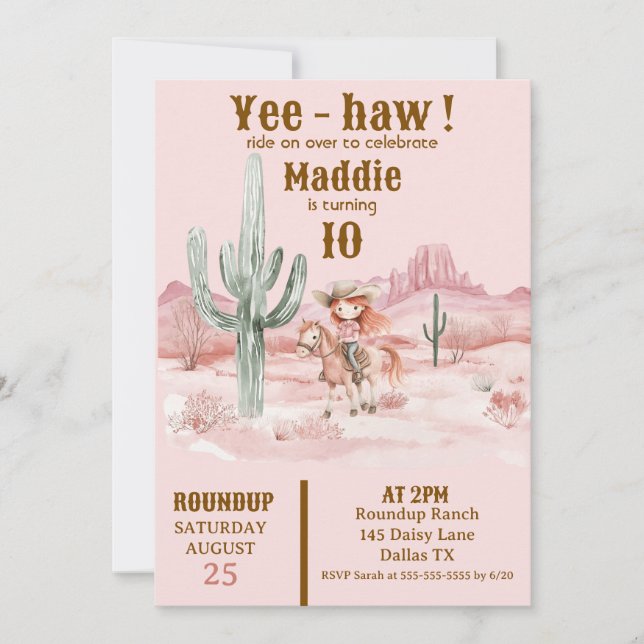 Western Cowgirl Pink Birthday Invitation (Front)