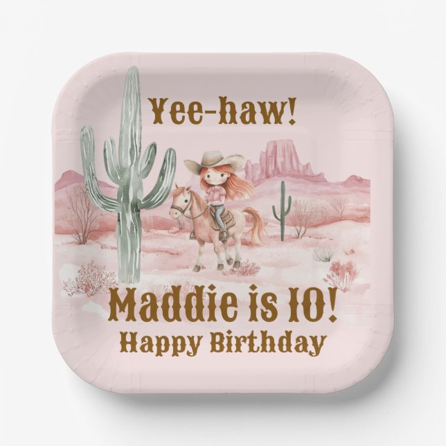 Western Cowgirl Pink Birthday Paper Plate (Front)