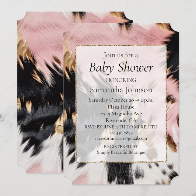 Western Cowgirl Pink Black White Gold Cowhide Invitation (Front/Back)