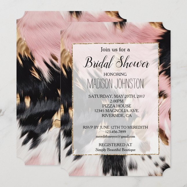 Western Cowgirl Pink Black White Gold Cowhide Invitation (Front/Back)