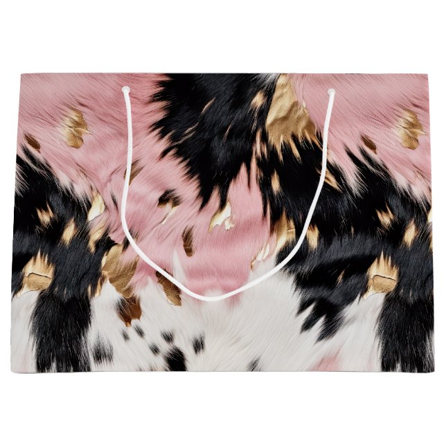 Western Cowgirl Pink Black White Gold Cowhide Large Gift Bag (Front)