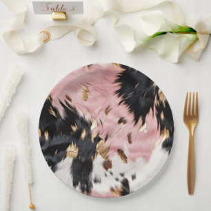 Western Cowgirl Pink Black White Gold Cowhide Paper Plate