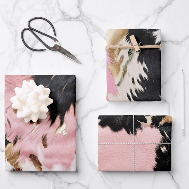 Western Cowgirl Pink Black White Gold Cowhide Wrapping Paper Sheet (Front)