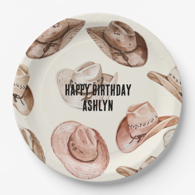 Western Cowgirl Pink Brown Hats Birthday Paper Plate (Front)