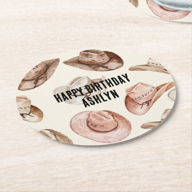 Western Cowgirl Pink Brown Hats Birthday Round Paper Coaster (Angled)