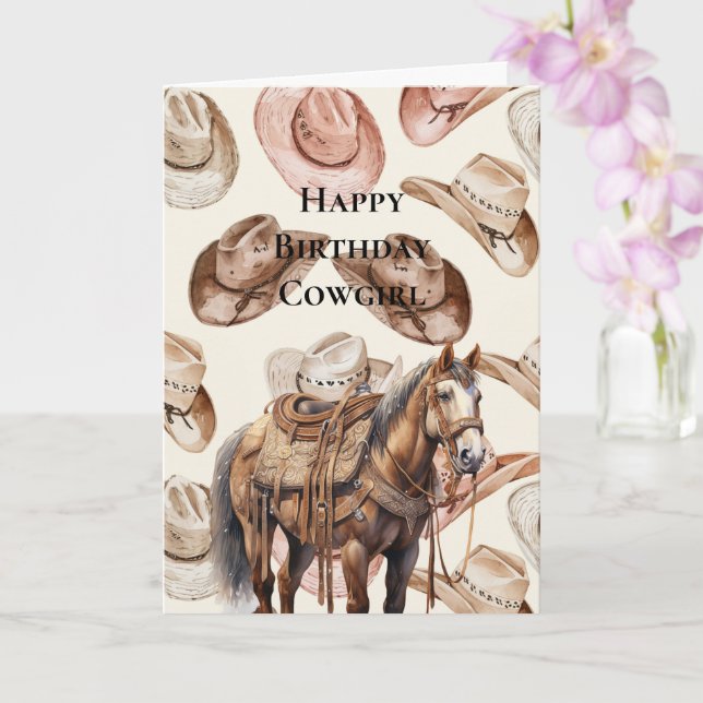 Western Cowgirl Pink Cream Hats Horse Birthday Card (Orchid)