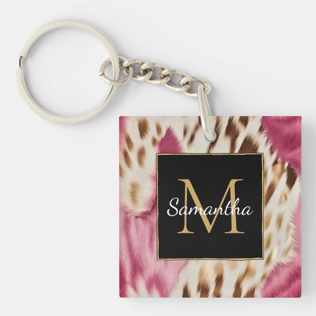 Western Cowgirl Pink Gold White Cowhide Key Ring (Front)