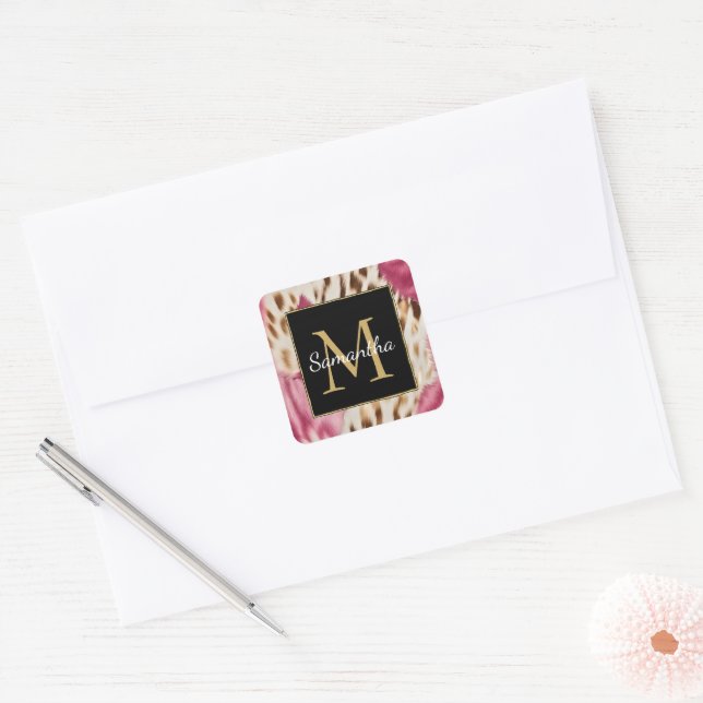 Western Cowgirl Pink Gold White Cowhide Monogram Square Sticker (Envelope)