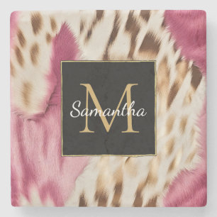 Western Cowgirl Pink Gold White Cowhide Stone Coaster