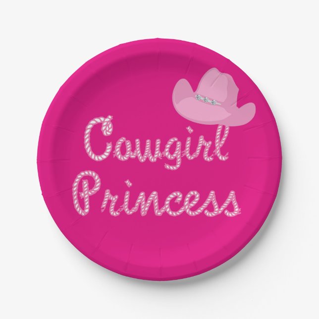Western Cowgirl Princess Party Pink Hat Paper Plate (Front)