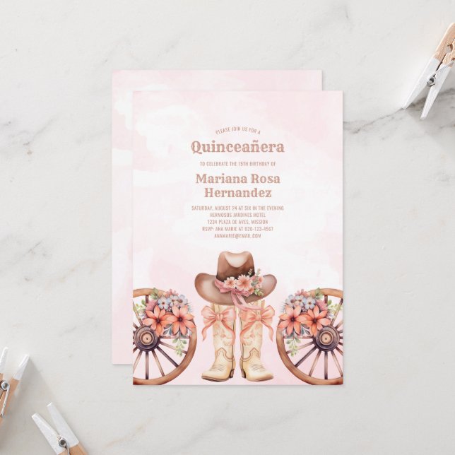Western Cowgirl Quinceanera Birthday Party  Invitation (Front/Back In Situ)