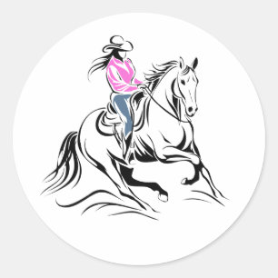Western Cowgirl Riding Horse Illustration Classic Round Sticker