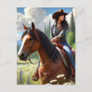 Western Cowgirl Riding Horse Postcard