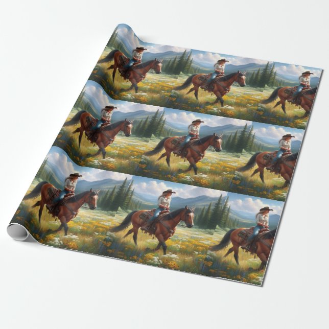 Western Cowgirl Riding Horse  Wrapping Paper (Unrolled)