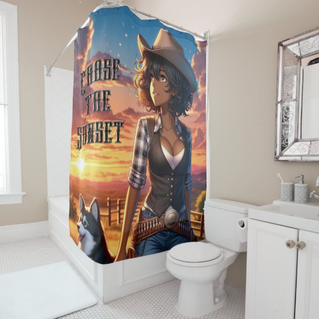Western Cowgirl Shower Curtain - Chase The Sunset (In Situ)