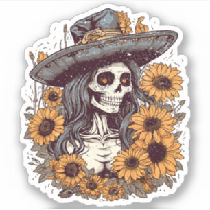 Western Cowgirl Skeleton Sunflowers Tattoo Art