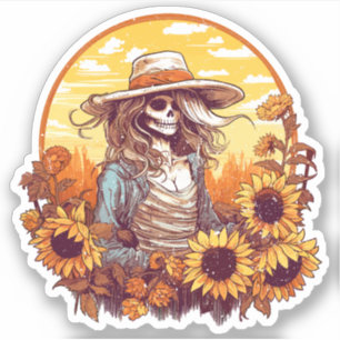 Western Cowgirl Skeleton With Fall Sunflowers