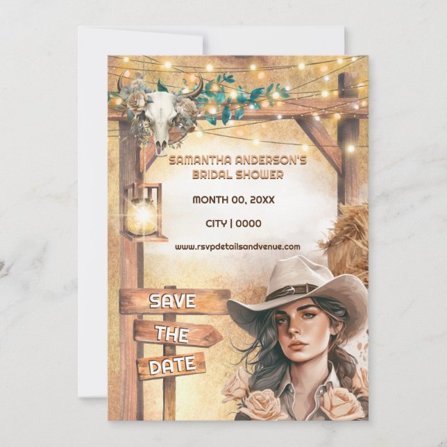 Western cowgirl watercolor barn lights bridal invitation (Front)