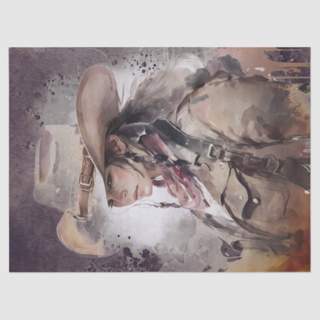 Western Cowgirl Watercolor Decoupage Tissue Paper (Front)