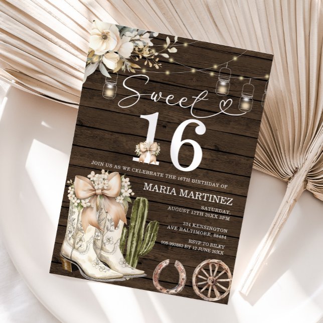 Western Cowgirl White Boots Wood Sweet 16 Birthday Invitation (Creator Uploaded)