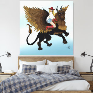 Western Cowgirl Winged Lion Griffon Fantasy Red Canvas Print