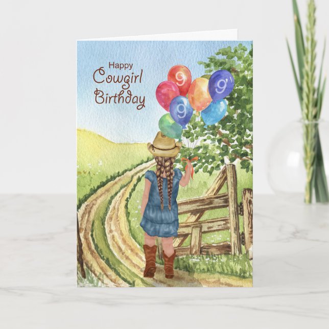 Western Cowgirl with Balloon Girl's 9th Birthday Card (Front)