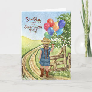 Western Cowgirl with Balloon Girl's Birthday Card